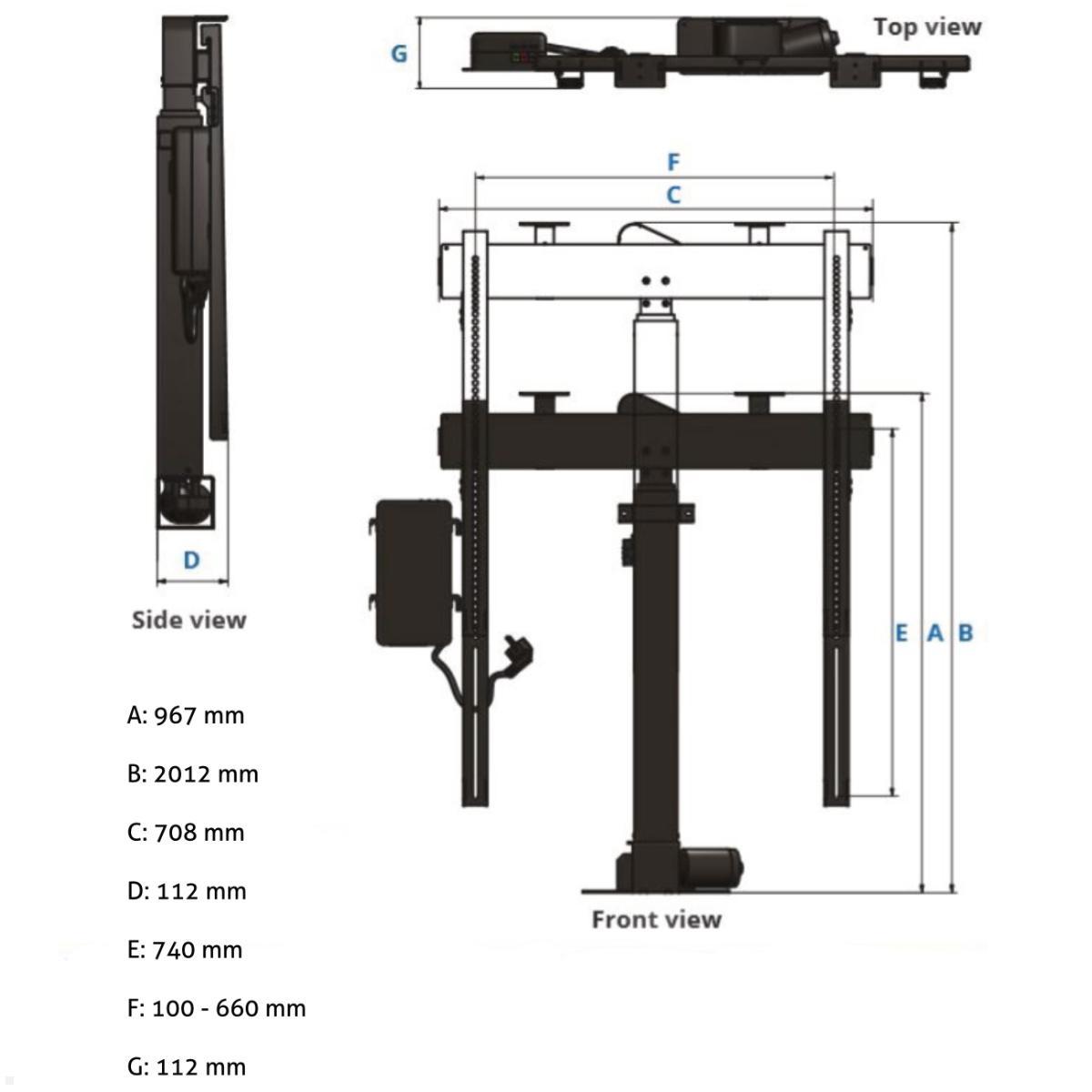 MonLines MLS012B TV Lift schwenkbar bis 75 Zoll, 967 mm Einbau, 1045 mm Hub, Abmessungen