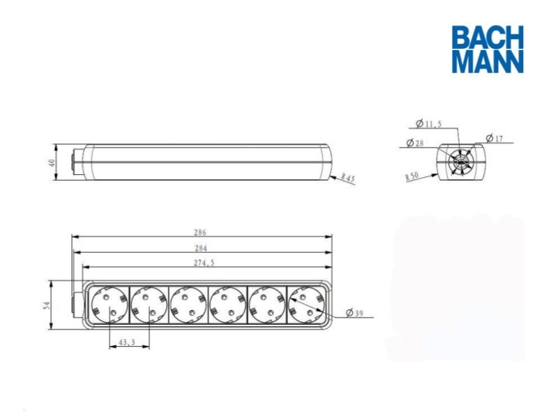 Bachmann SELLY 6-fach Steckdosenleiste mit 1,5m Zuleitung schwarz 381.141S Zeichnung