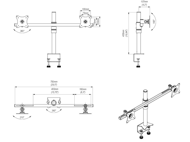 Edbak SV05 Dual Monitorhalterung mit Tischklemme, schwarz technische Zeichnung