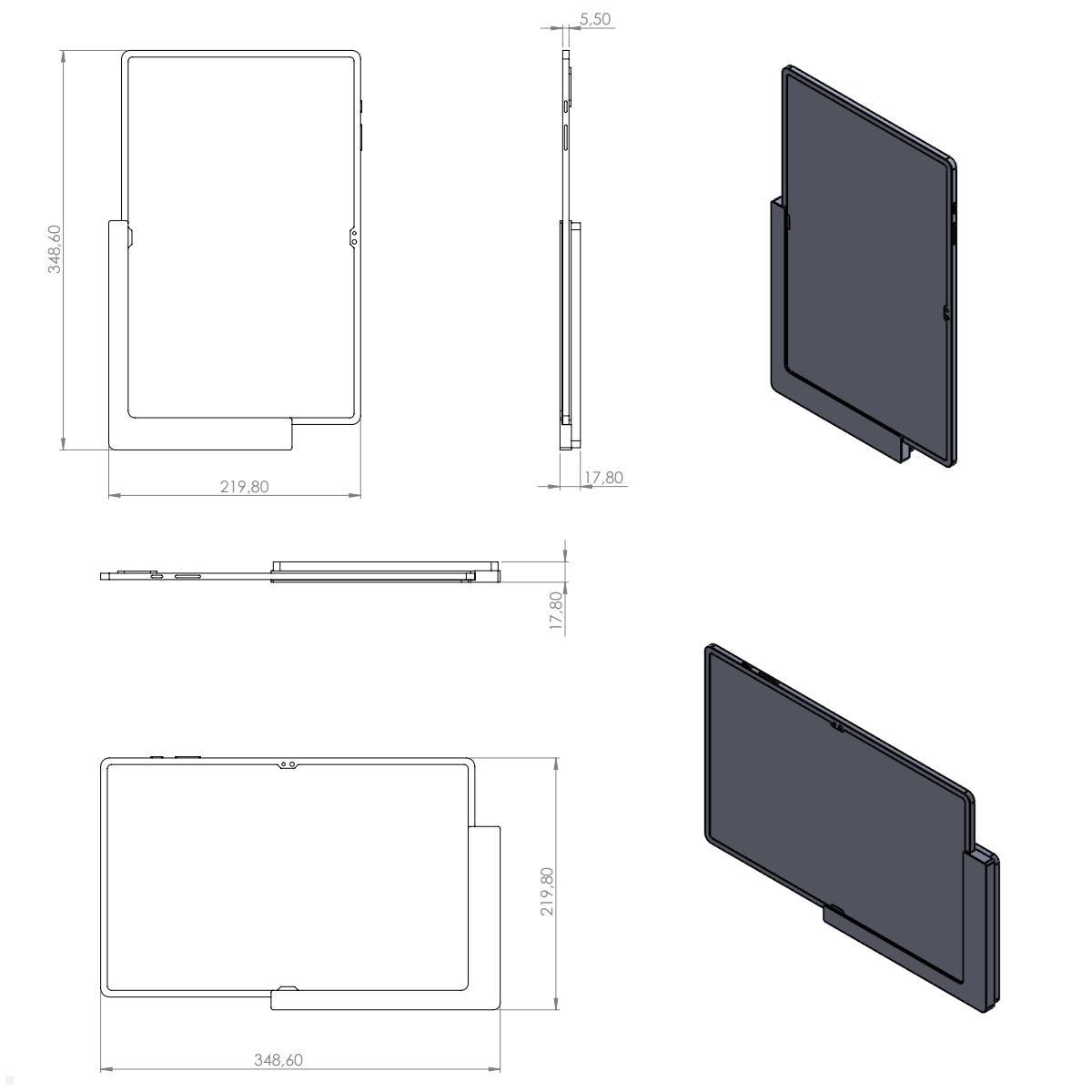 TabLines TWP022W Wandhalterung für Samsung Tab S8 Ultra 14.6, weiß, Zeichnung Maße mit Tablet (nicht enthalten)