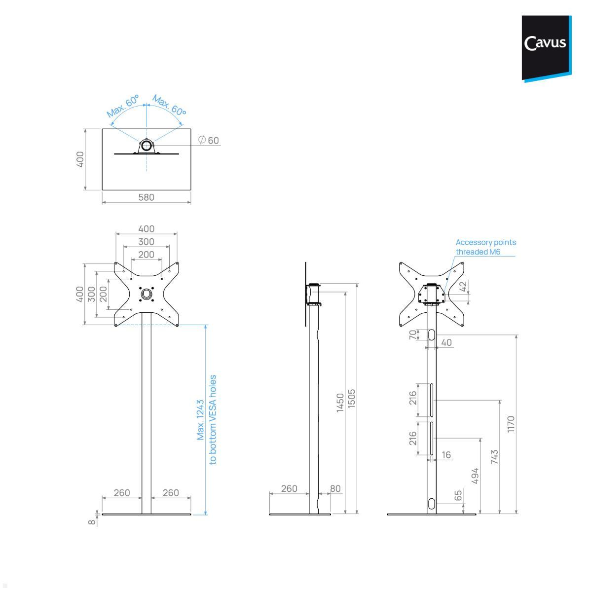 Cavus SQUARE150B44 TV Standfuß 32-65 Zoll, Säule 1500 mm, schwarz technische Zeichnung