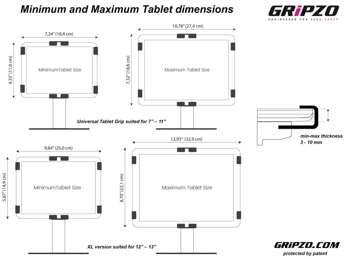 Gripzo Tablet Tischhalterung drehbar 7-11 Zoll DS, weiß Abmessungen