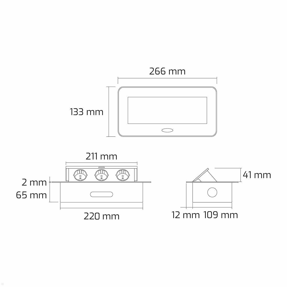 Einbausteckdose Schreibtisch 3-fach mit 3m Kabel, TecLines TES011W, Maße