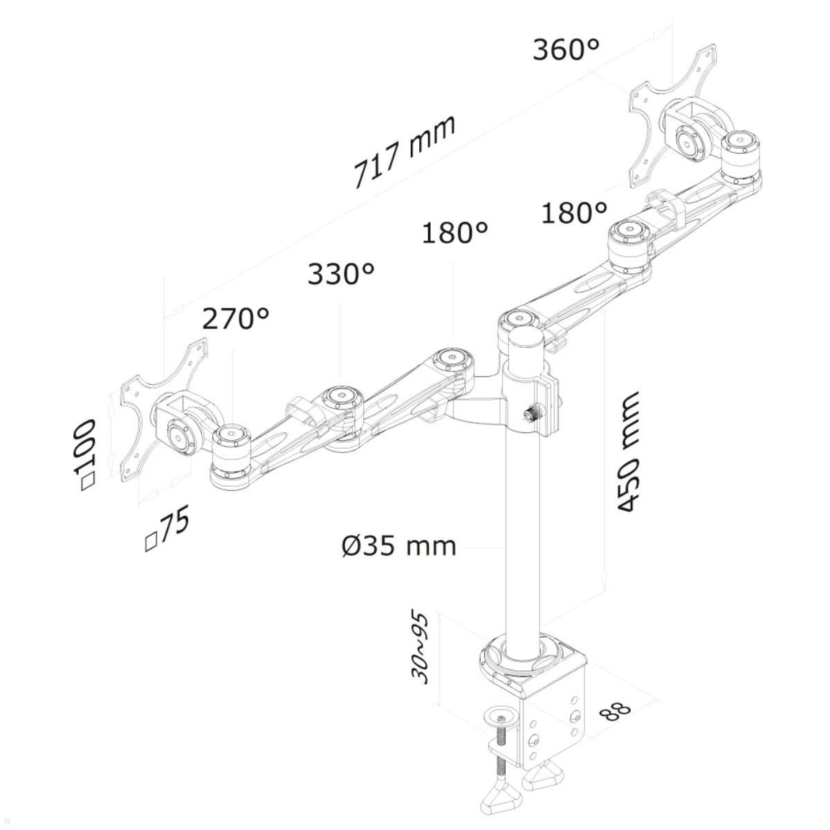 Neomounts FPMA-D935D Doppelmonitorhalterung mit Tischklemme silber, Technische Zeichnung