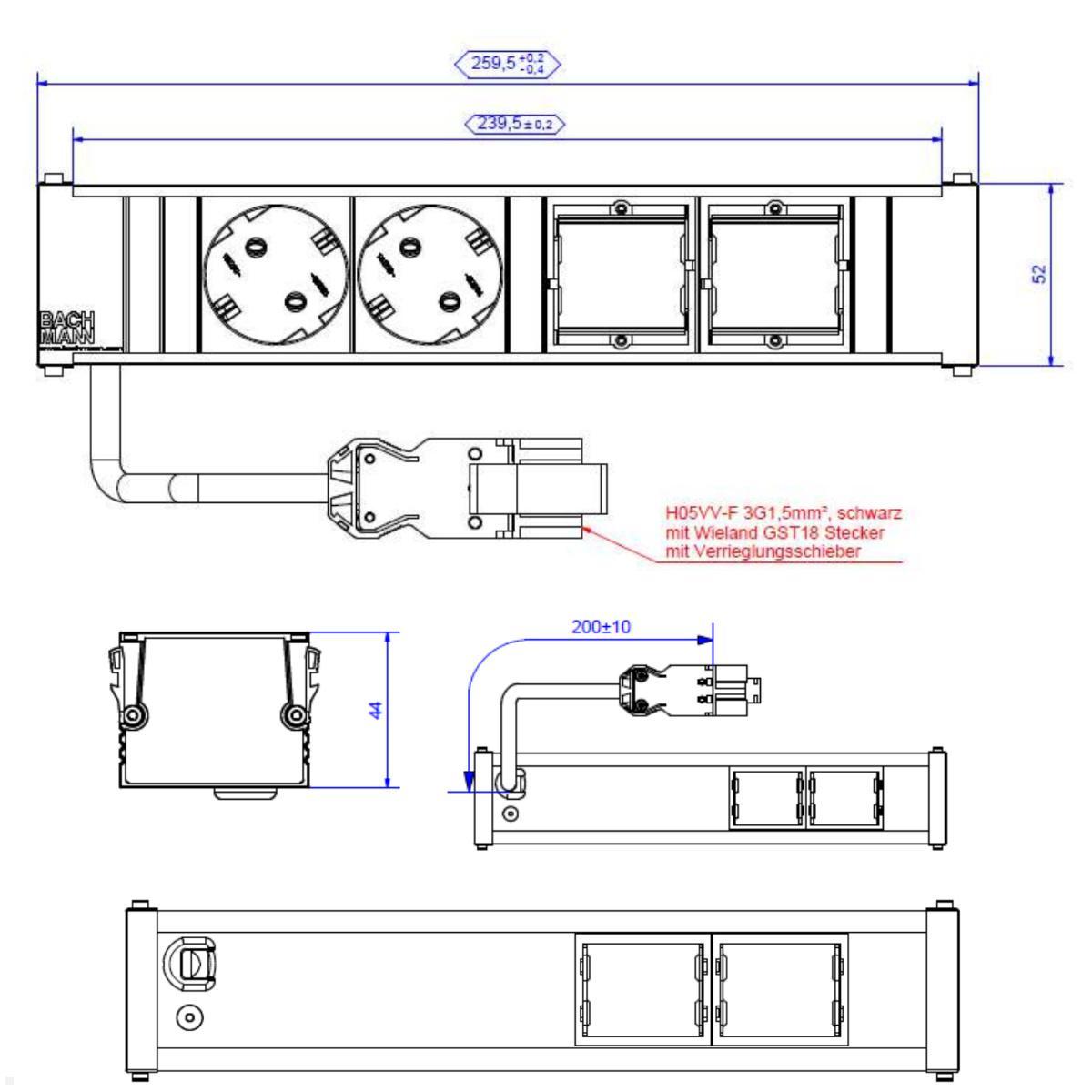 Bachmann CONI Modulträger 4-fach, 2x Steckdose, 2x CM (912.027), Maße