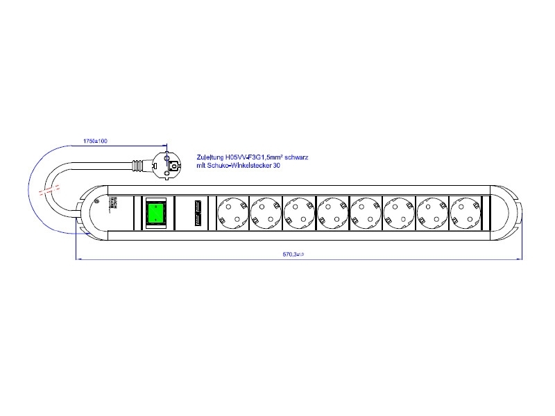 Bachmann PRIMO 8x Steckdose 1x USB 1x Schalter Zuleitung 2m (331.154) Zeichnung