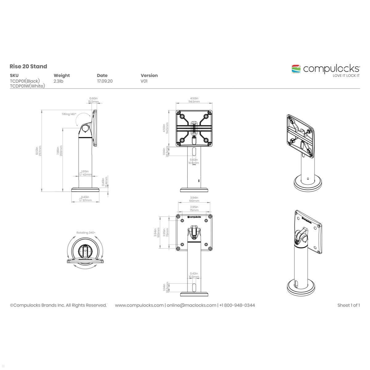 Universal Tabletständer, Compulocks Magnetix, Technische Zeichnung Säule