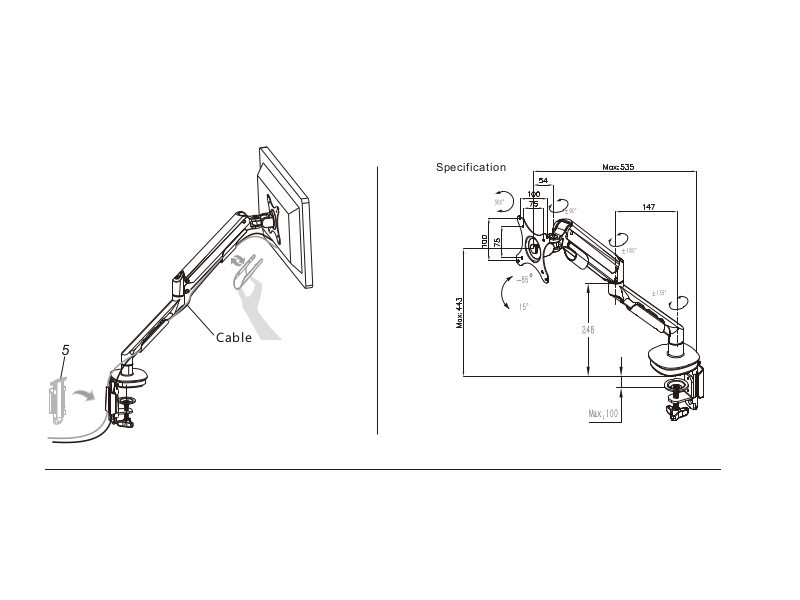 MonLines MTH007B Monitor Tischhalterung höhenverstellbar, schwarz technische Zeichnung