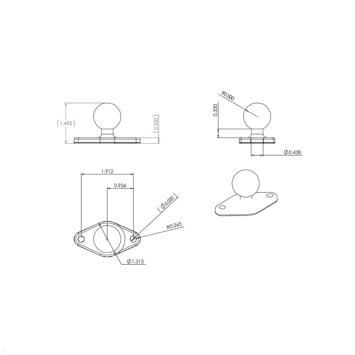 RAM Mounts Basisplatte Diamond (Trapez) mit B-Kugel 1 Zoll (RAM-B-238U), Zeichnung Maße