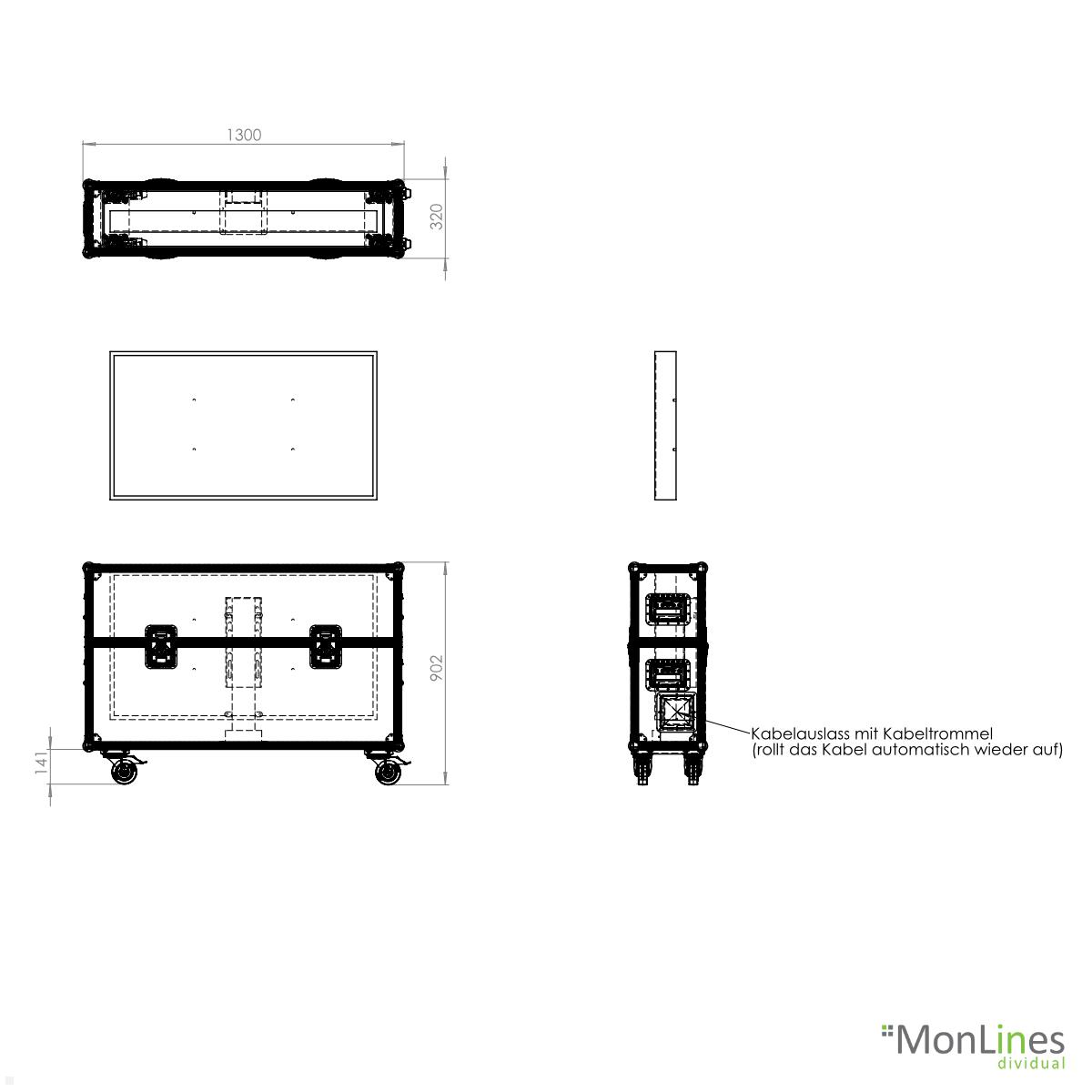 MonLines MTL001 FLYcase TV Lift im Transportcase bis 49 Zoll technische Zeichnung Case