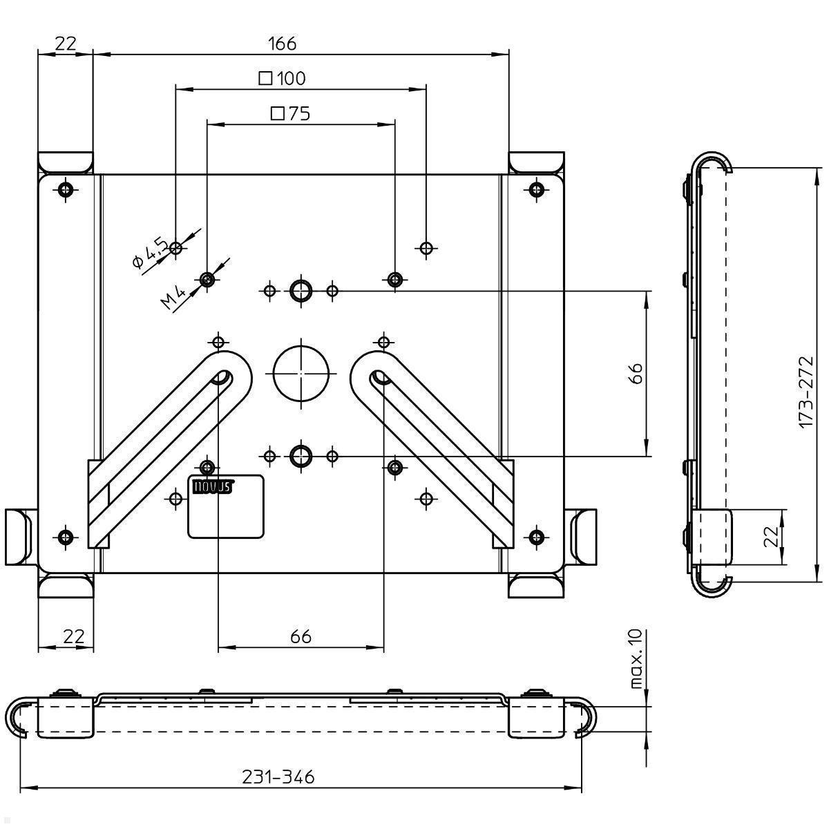 TabLines TBSfix002W Bodenständer mit Universal Tablethalter bis 12.9 Zoll, Zeichnung Maße Halter