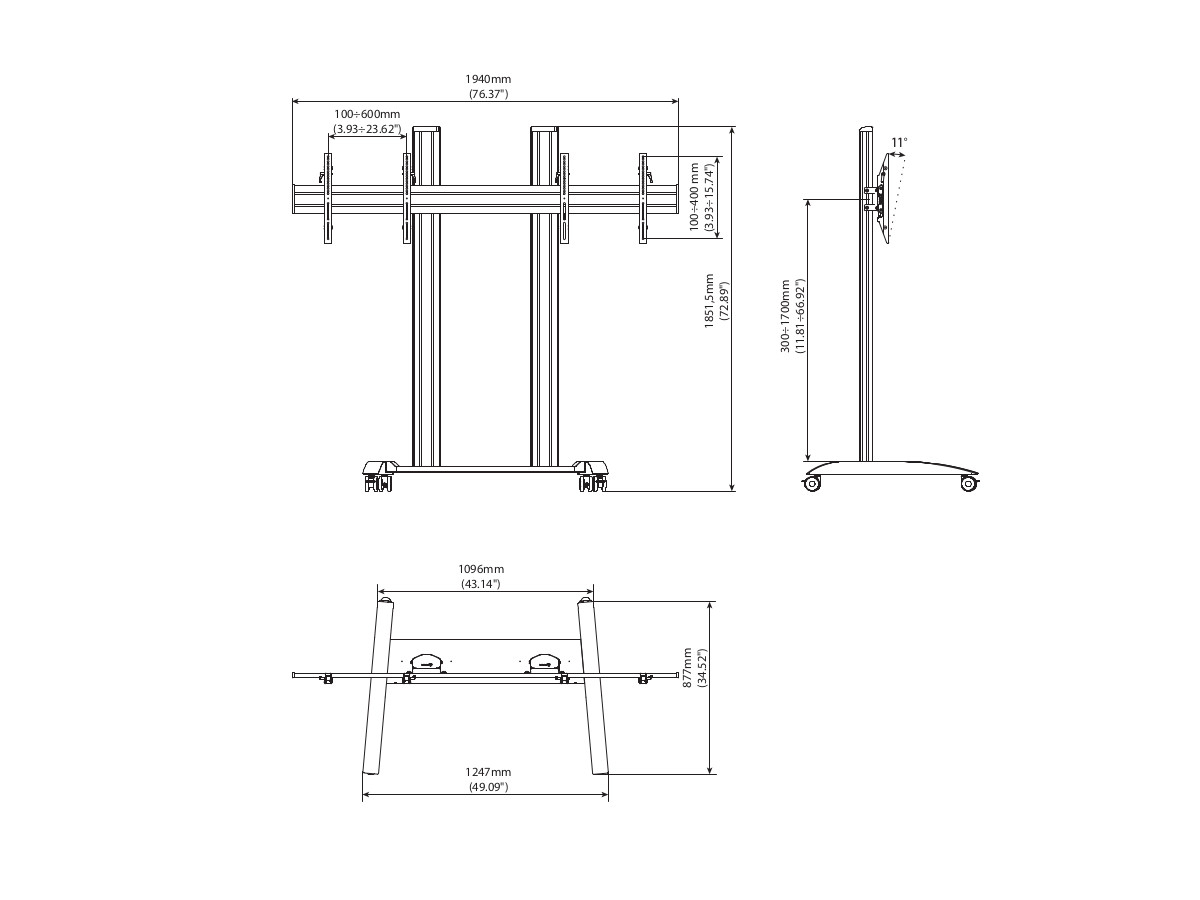 Edbak TRV300 mobiler Dual Monitorständer, 42-55Zoll technische Zeichnung