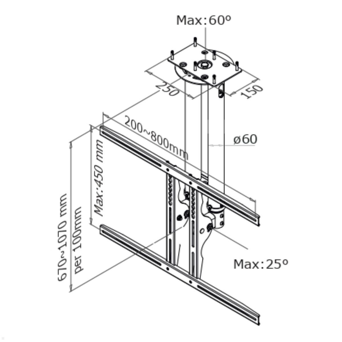 Neomounts PLASMA-C100 schwenkbare TV Deckenhalterung, schwarz, Zeichnung Maße
