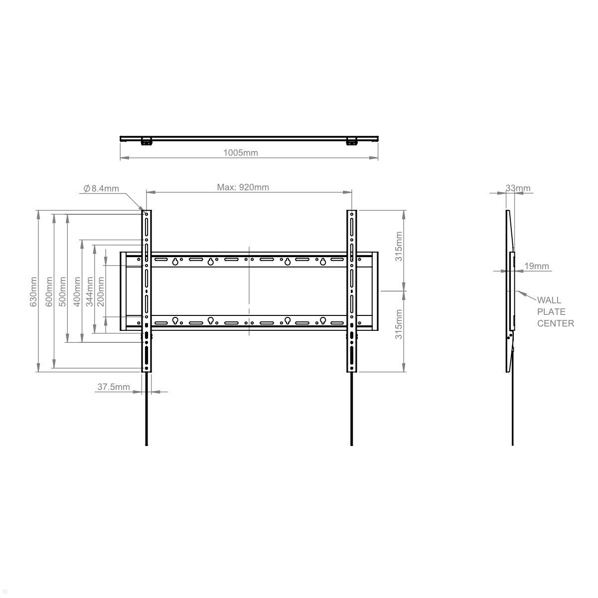 B-Tech BT9901/B Flacher TV Wandhalter Heavy Duty bis 100 Zoll und 100 kg, schwarz technische Zeichnung