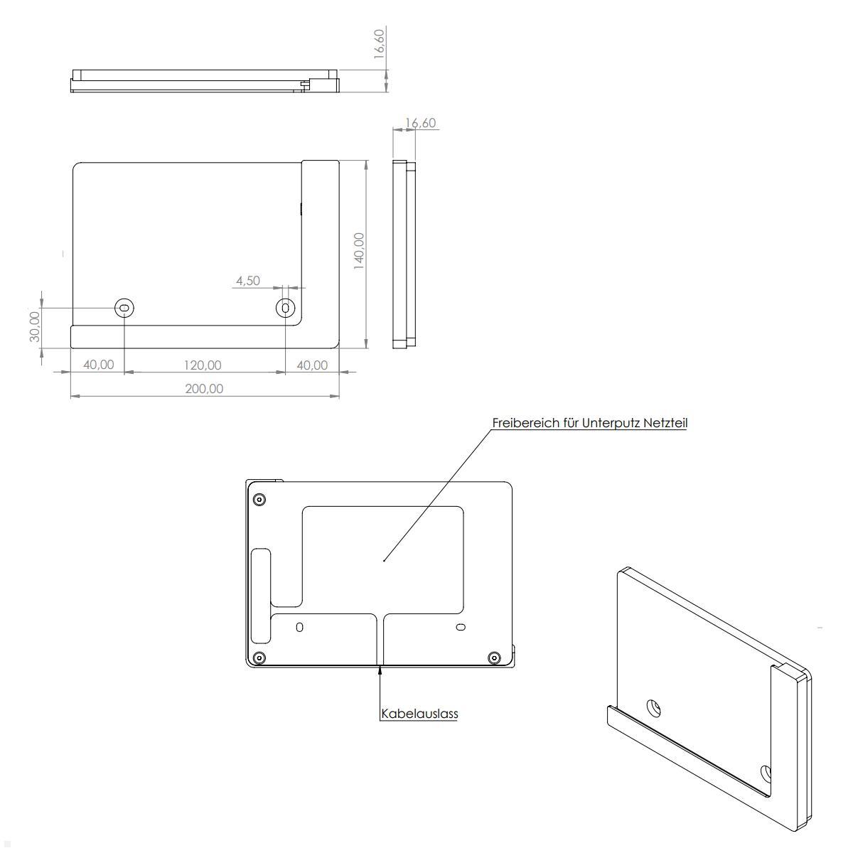 TabLines TWP013W Wandhalterung für Samsung Tab S7 FE 12.4, weiß, Zeichnung Maße Installation