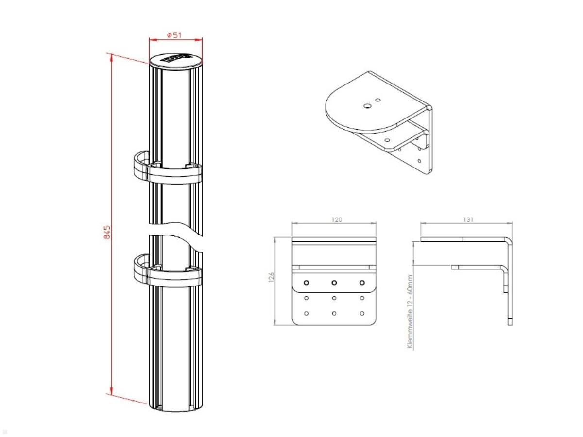 Novus Dual Monitorhalter TSS Säule 845 Tischklemme mit Tragschlitten , Zeichnung Säule