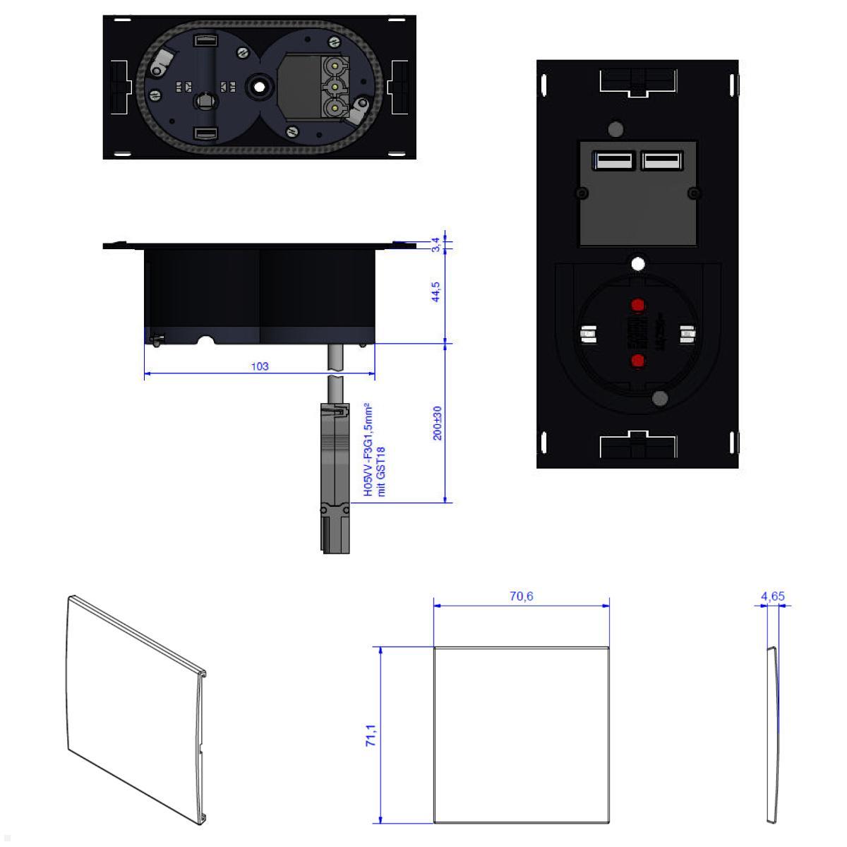 Bachmann DUE Steckdose USB-Charger A/A, Deckel, Edelstahl (929.040DE), technische Zeichnung