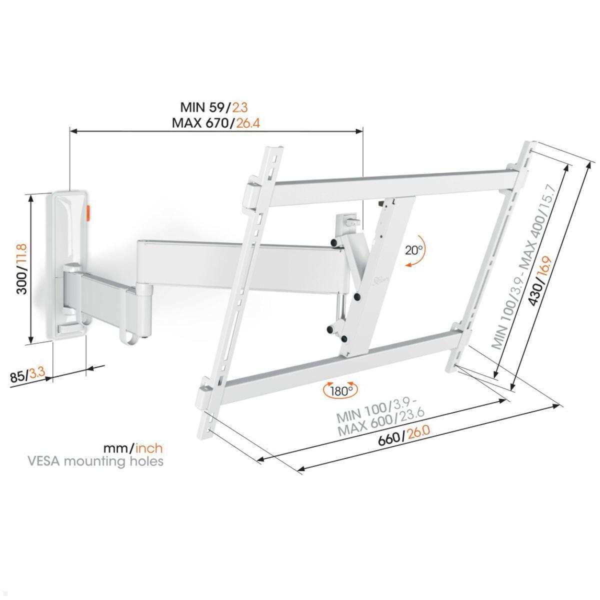 Vogels COMFORT TVM 3645W schwenkbare TV Wandhalterung 40-77 Zoll, weiß, Maße