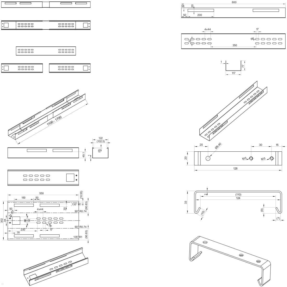 TecLines TKW006S Kabelwanne ausziehbar 1100 - 1700 mm, silber, technische Zeichnung