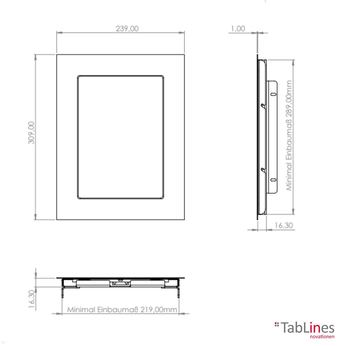 TabLines TWE108B Tablet Wandeinbau für Apple iPad 10.9 (10. Gen.), schwarz technische Zeichnung