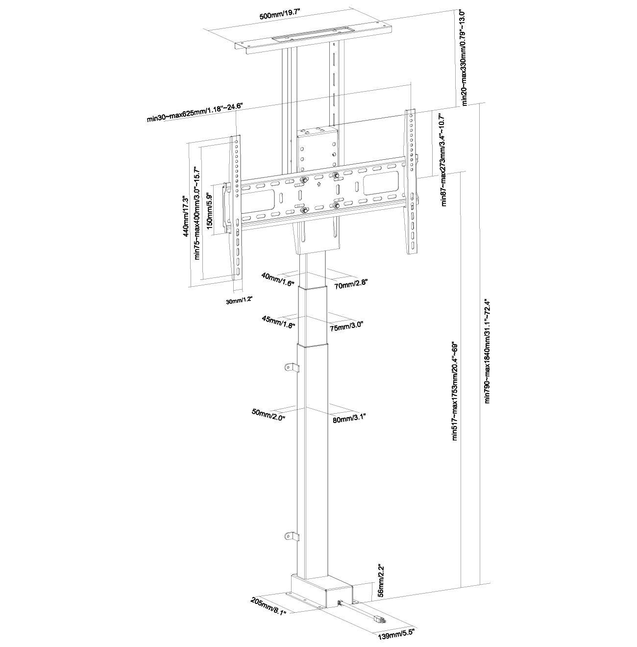 MonLines MLS032B Einbau TV Lift bis 80 Zoll, 1050 mm Hub, Skizze