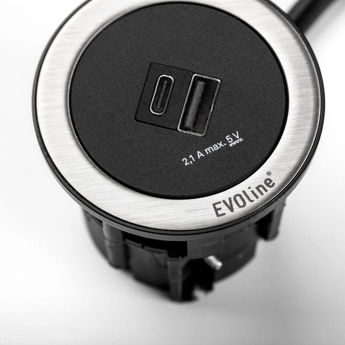 EVOline One USB-Charger A/C mit Deckel schwarz, Edelstahleinleger, optionaler Zierring