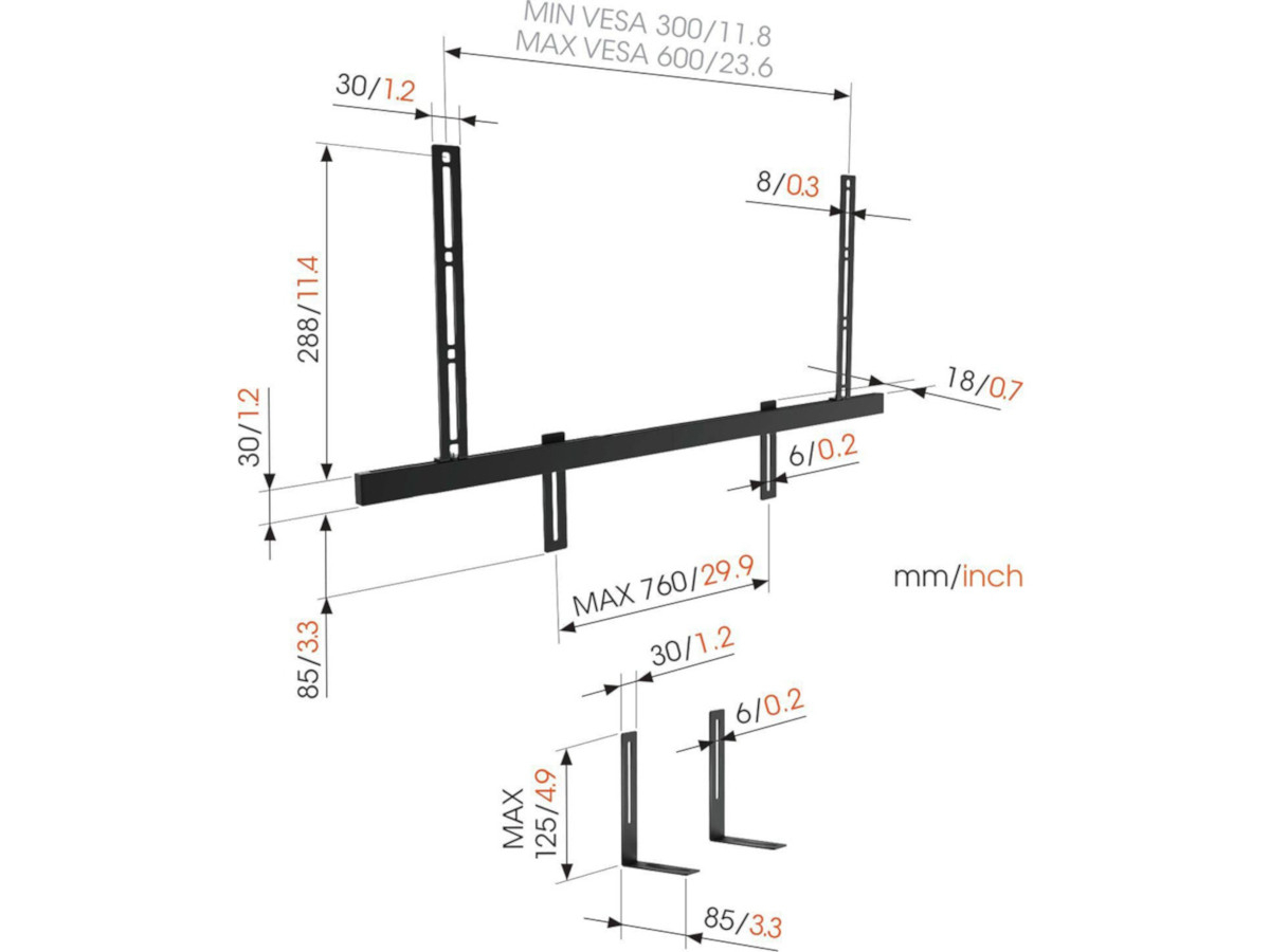 Vogels SOUND 3550 Soundbar Halterung, schwarz technische Zeichnung