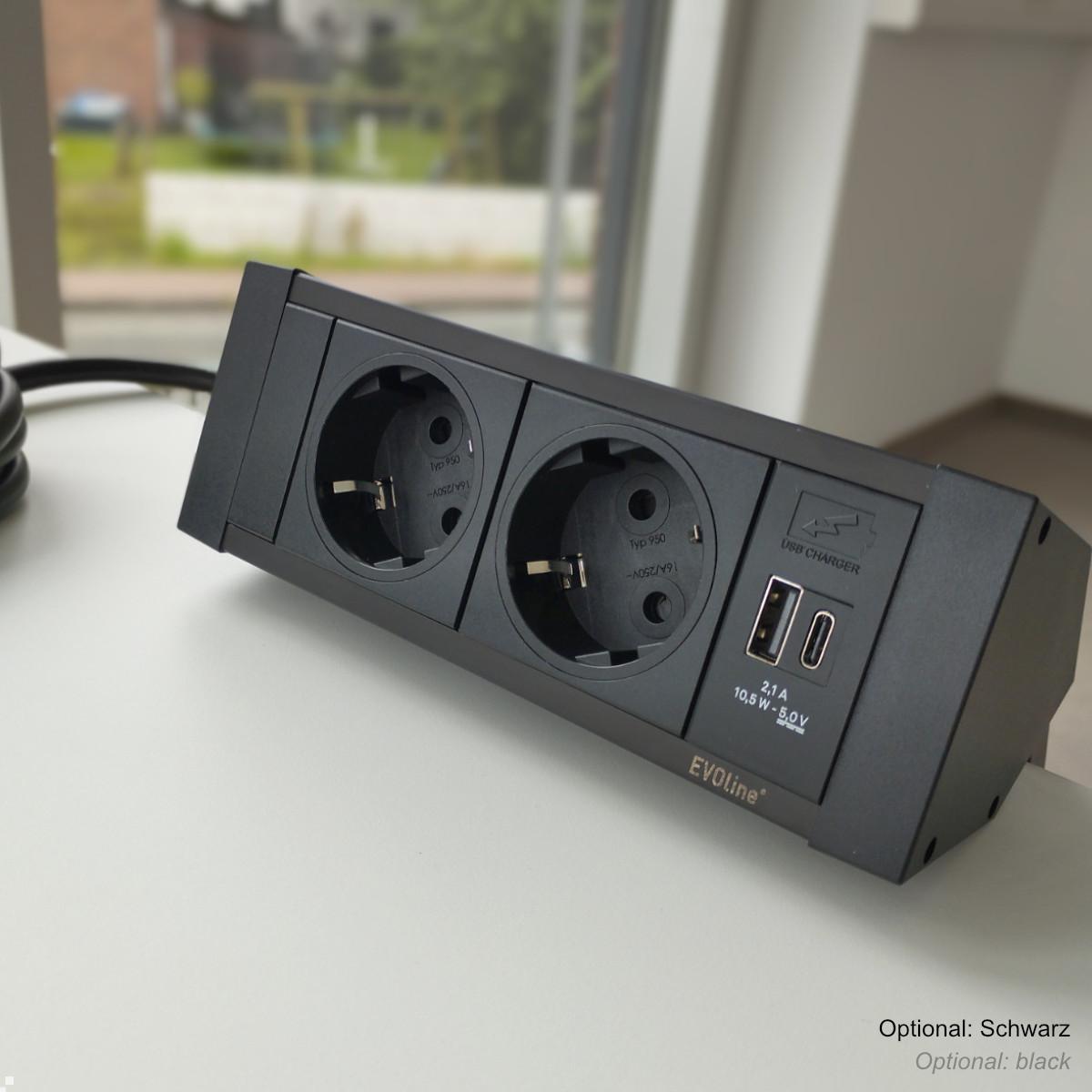 EVOline DockSquare 2-fach Steckdose 1x USB-A/C mit Befestigungszwingen, optional in Schwarz erhältlich