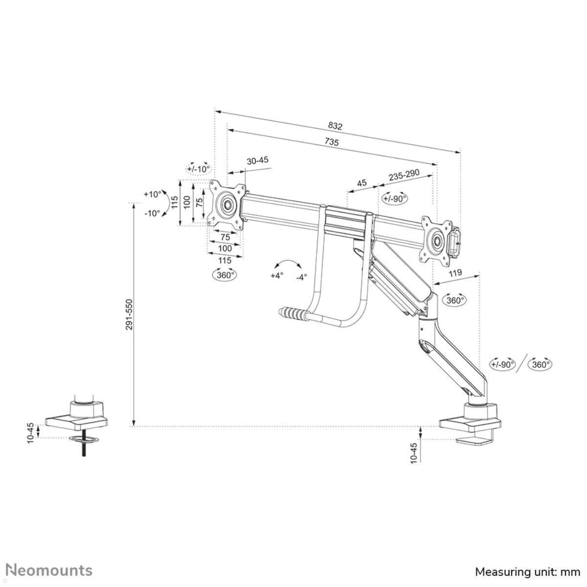 Neomounts DS75-450WH2 Monitorhalter für 2 Monitore nebeneinander bis 32 Zoll, weiß technische Zeichnung