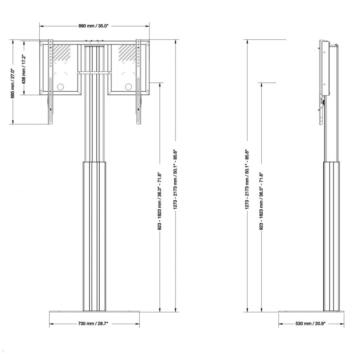 Conen Lite elektrischer TV Ständer 42-86 Zoll 900 mm Hub, schwarz, technische Zeichnung