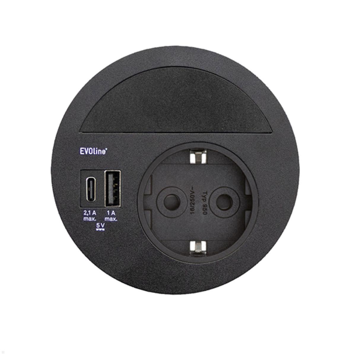 EVOline Circle80 Einbausteckdose mit USB-Charger A/C, Blende, schwarz