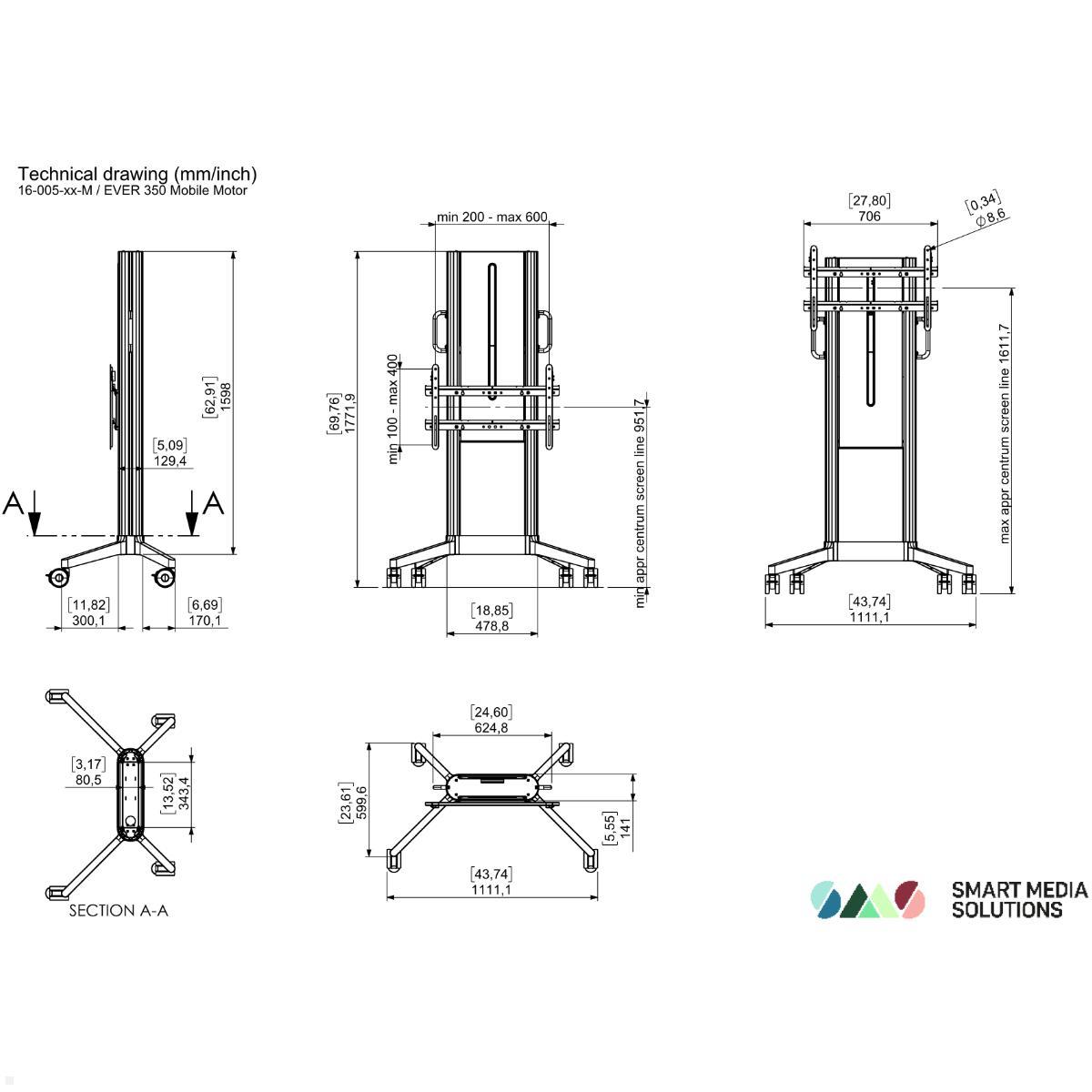 SMS EVER350 mobiler elektrischer TV Ständer 86 Zoll, MDF Cover grau (16-005-9E-M), technische Zeichnung