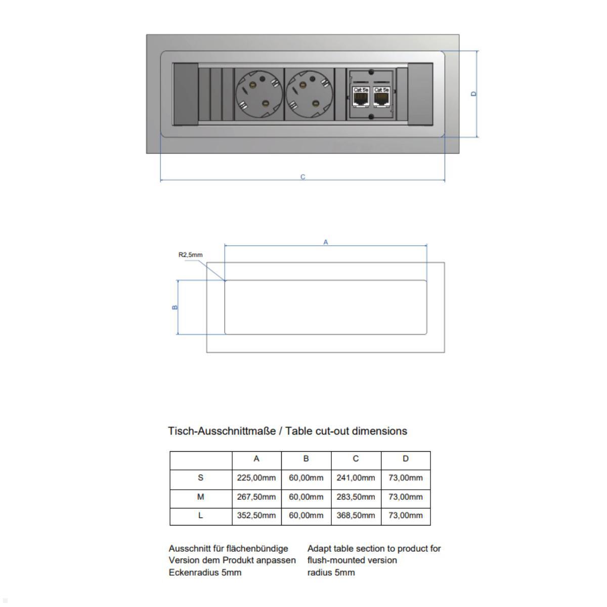 Bachmann Power Frame 3-fach 1x Steckdose 1x USB-Charger A/C 1x CM (916.503), Zeichnung Maße