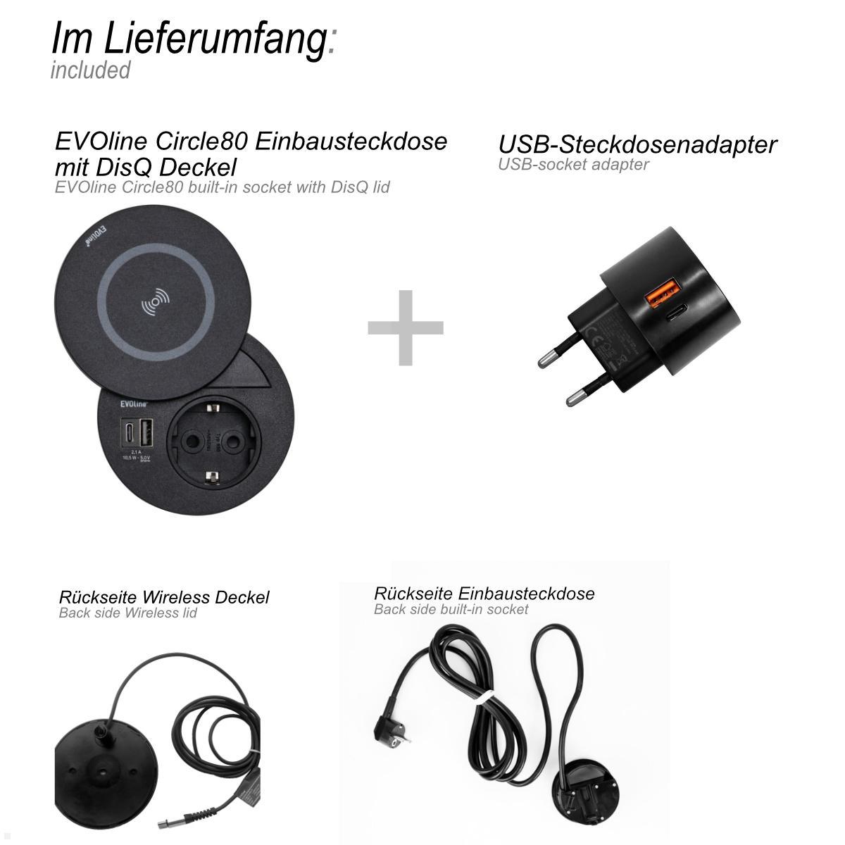 EVOline Circle80 Einbausteckdose USB A/C, Wireless Charger Deckel, Lieferumfang