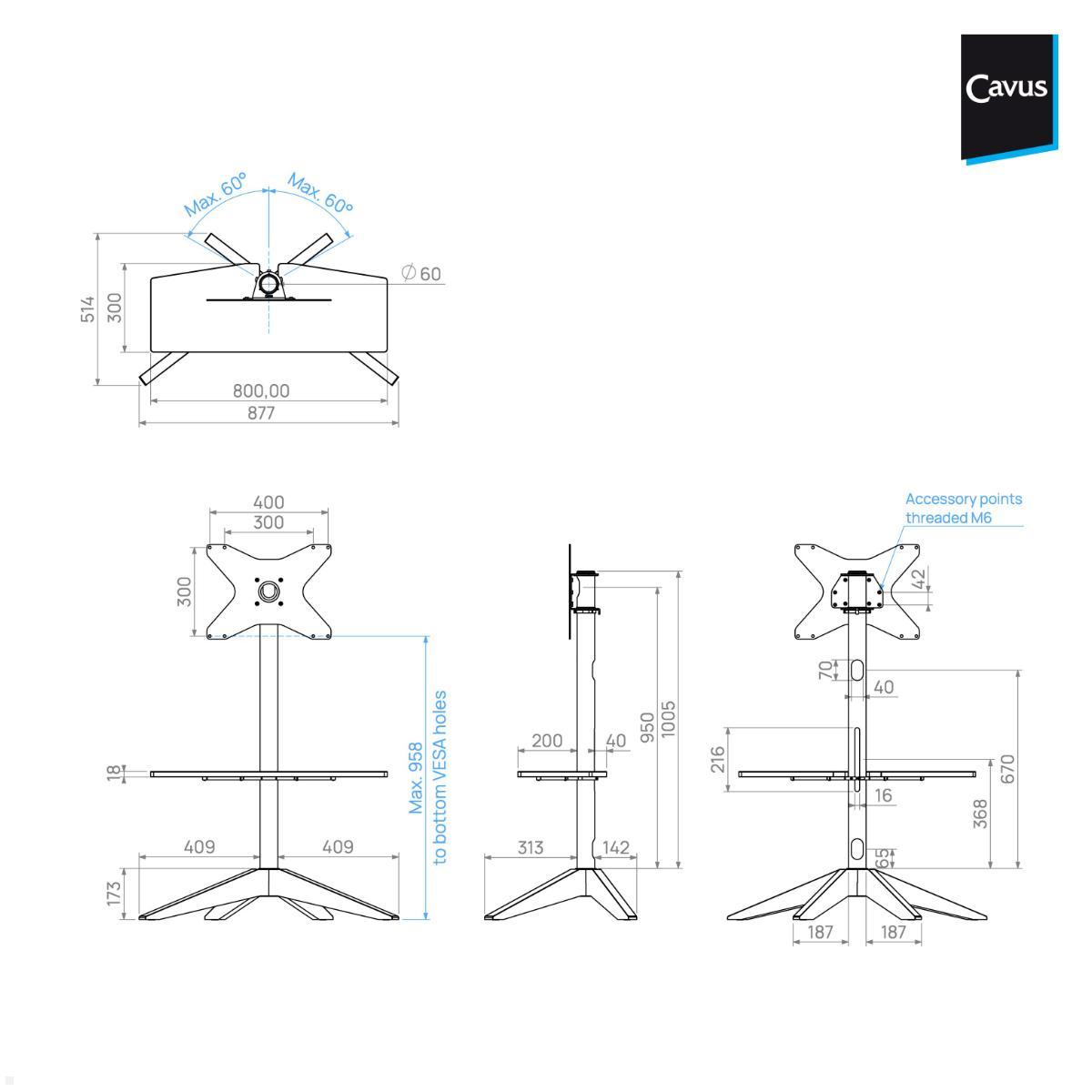 Cavus CROSS TV Ständer mit Ablage 32-65 Zoll, VESA 400x300, Eiche Holz technische Details