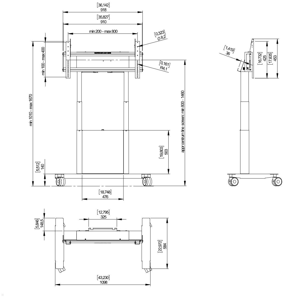 SMS Func Mobile Monitorständer elektrisch höhenverstellbar (FMT031002) weiß, technische Zeichnung