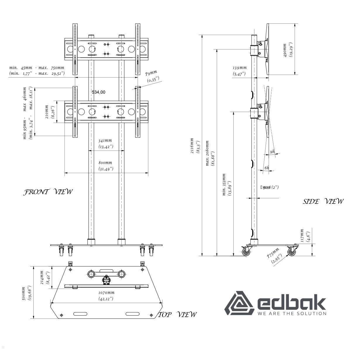 Edbak TR3 mobiler Monitorständer für 2 Displays übereinander bis 60 Zoll Maße