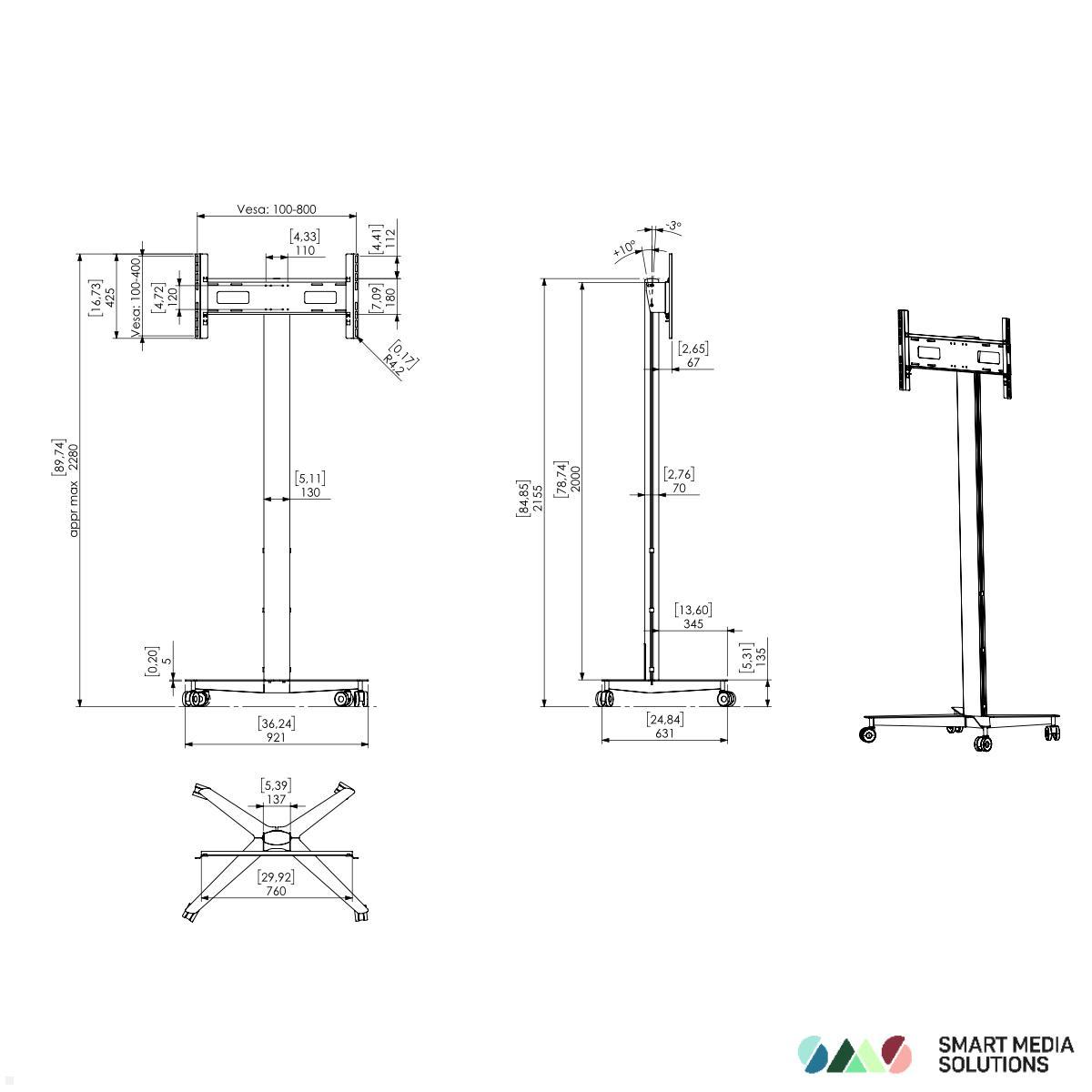 SMS Icon FH MT 2000 mobiler Monitorständer bis 75 Zoll, silber (K12-027-7) technische Zeichnung