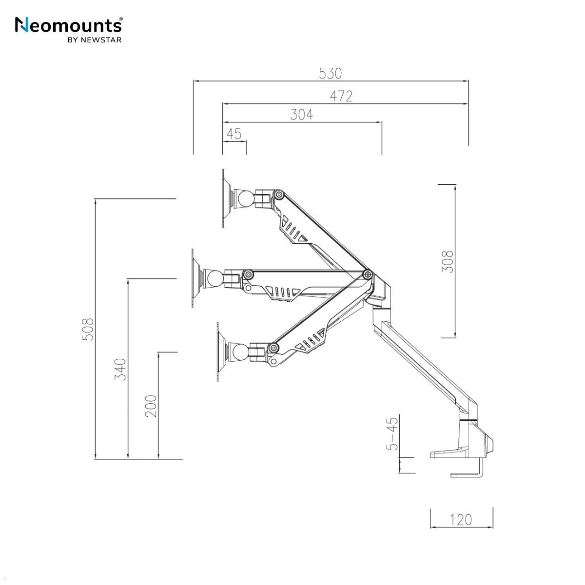 Neomounts FPMA-D750DWHITE2 Monitorhalterung für 2 Monitore bis 32 Zoll, Tischklemme technische Zeichnung