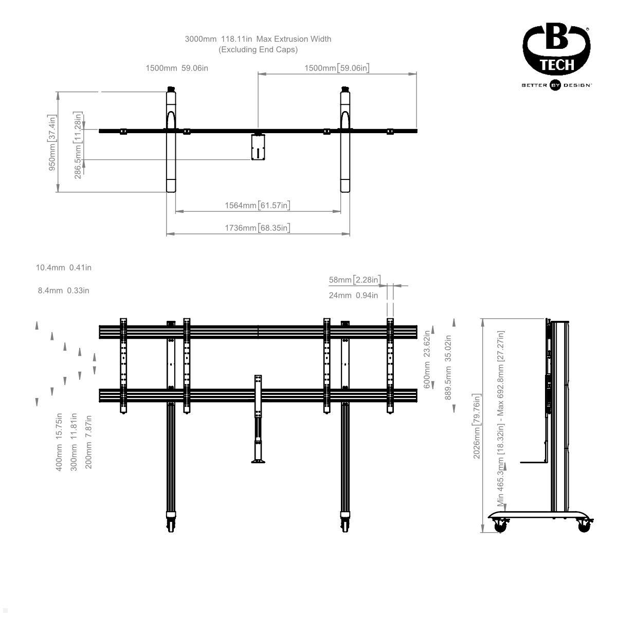 B-Tech BT8518/B mobiler Monitorständer für 2 Bildschirme 70 - 86 Zoll, schwarz technische Zeichnung