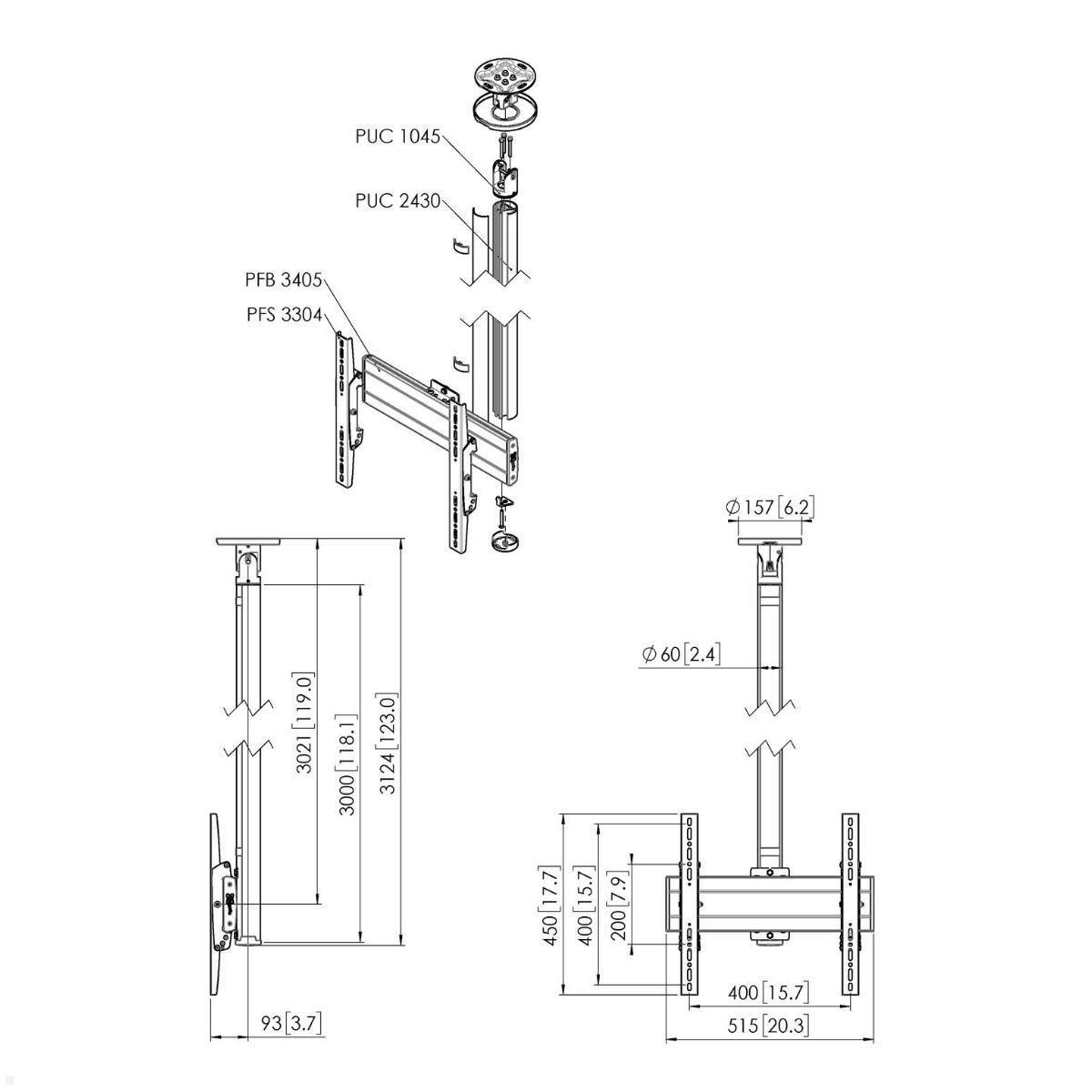 Vogels Connect-it CT243044B TV Deckenhalter bis 65 Zoll, schwarz, Zeichnung Maße