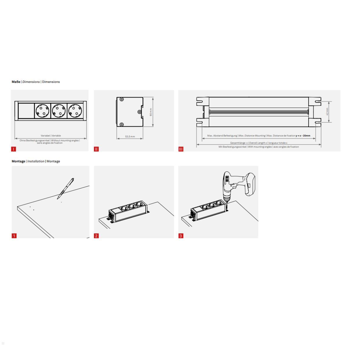 EVOline U-Dock small 3 fach Steckdosenleiste mit Befestigungswinkel, Skizze