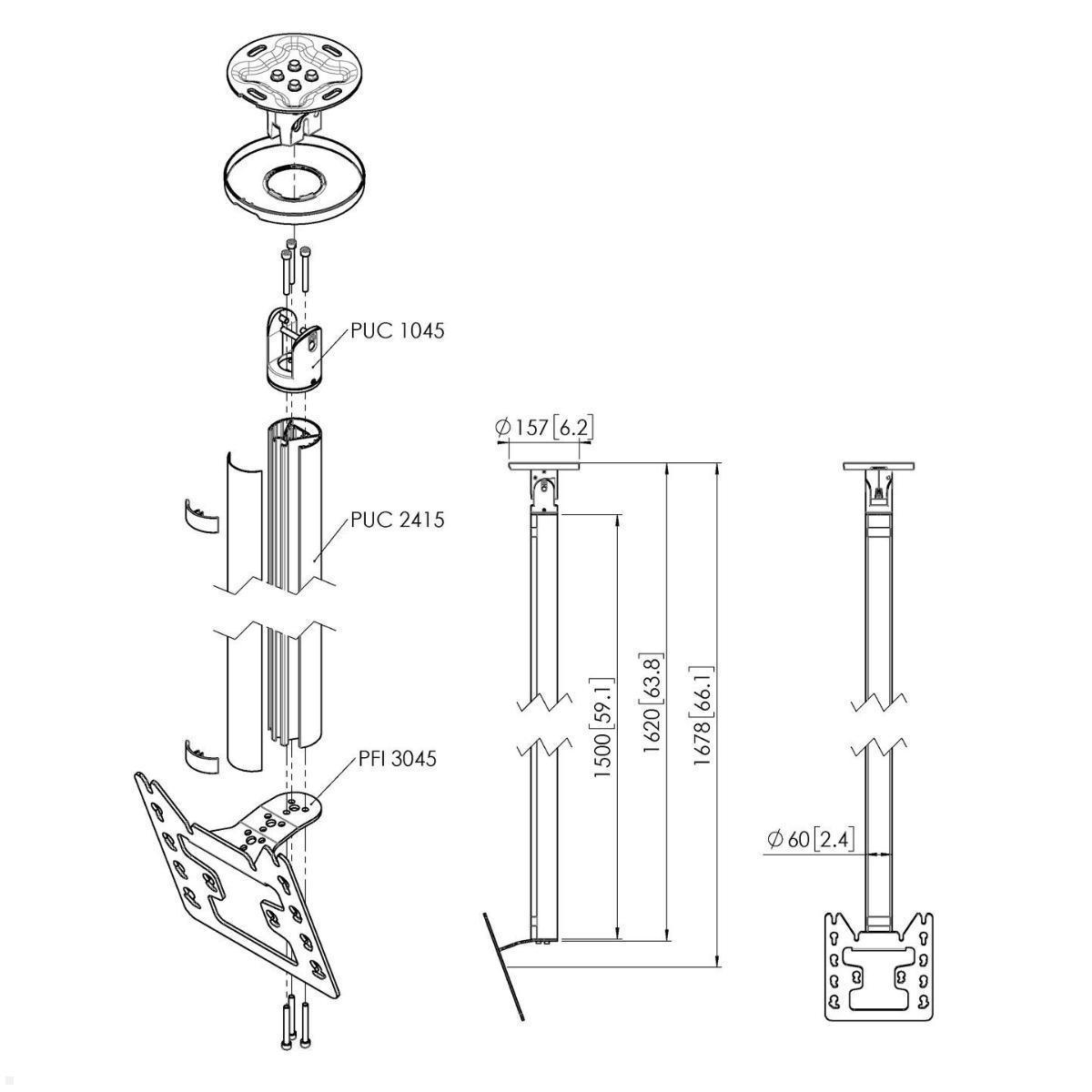 Vogels Connect-it CT241522S Deckenhalter bis 43 Zoll, silber, Zeichnung Maße